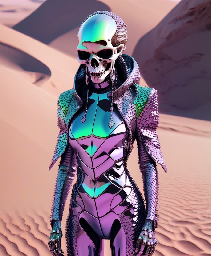  techwear fashion lizard scales. full length girl skull instead of face. chromium and precious stones, pastel tones. desert . futuristic, cyberpunk, urban, tactical, sleek, dark, highly detailed