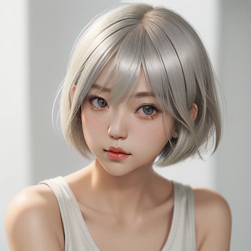  cute japanese girl face, cute short hair, light blonde and silver bob cut hairstyle, black sleeveless top, delicate makeup, cool style, natural lighting, photo realistic in the style of realistic.