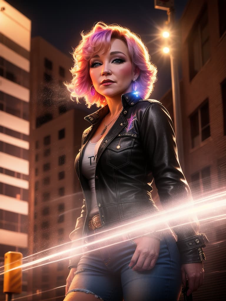  A younger country singer Tanya Tucker, medium shot, upper body, spotlight, long exposure lighting, street art style spray paint, glamour lighting