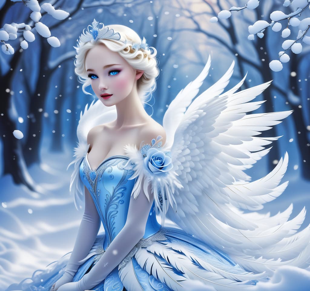  dreamscape (blue eyed) i've been jinxed (snow singer1,3) . ((snow swan)) ((the snow swan)) feathers at my feet. ( feathers flutterь. and slowly sink into the snow).(snow white swan):the head and torso are creamy white with a silvery tint. wings of white blue colour from snowflakes (roses): light blue colour with leaves from ice crystals. background: soft blue with delicate patterns of falling snow and whirlwind curls. . surreal, ethereal, dreamy, mysterious, fantasy, highly detailed, civitai, hkmagic