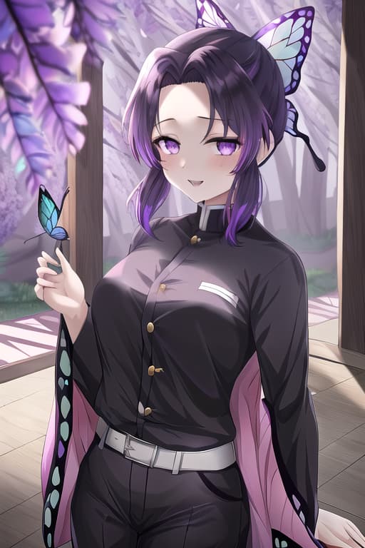  vampire,masterpiece, best quality, kochou shinobu, multicolored hair, no bangs, hair intakes, purple eyes, forehead, black shirt, black pants, haori, butterfly, buttons, belt,(vampire:1.2), dark hair, masterpiece, best quality, high quality, solo