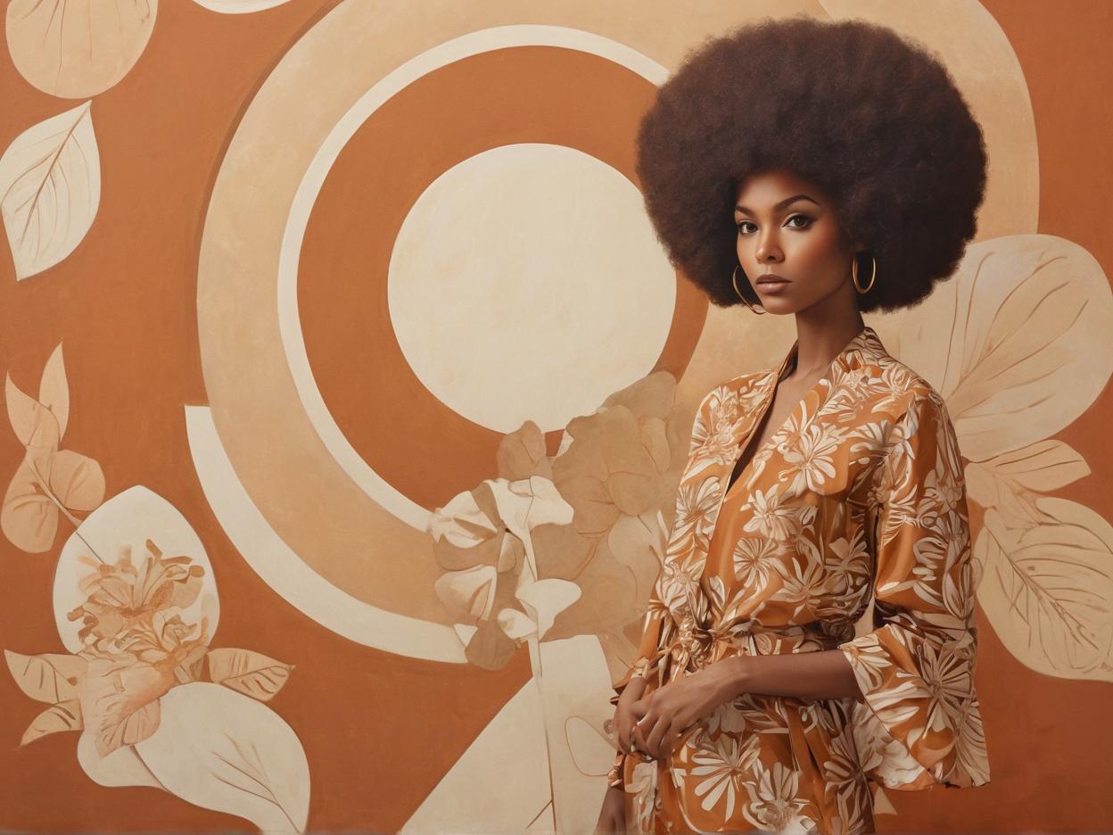  minimalism, a beautiful african woman with brown skin. with an afro. she wears a flowy 70s outfit. a retro brown 70s flower design is in the background. a minimalist painting, abstract, simple geometic shapes, hard edges, sleek contours, minimalism