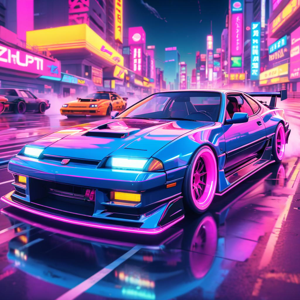  vaporwave style drift fonc race on zhiguli in anime style . retro aesthetic, cyberpunk, vibrant, neon colors, vintage 80s and 90s style, highly detailed, glowneon