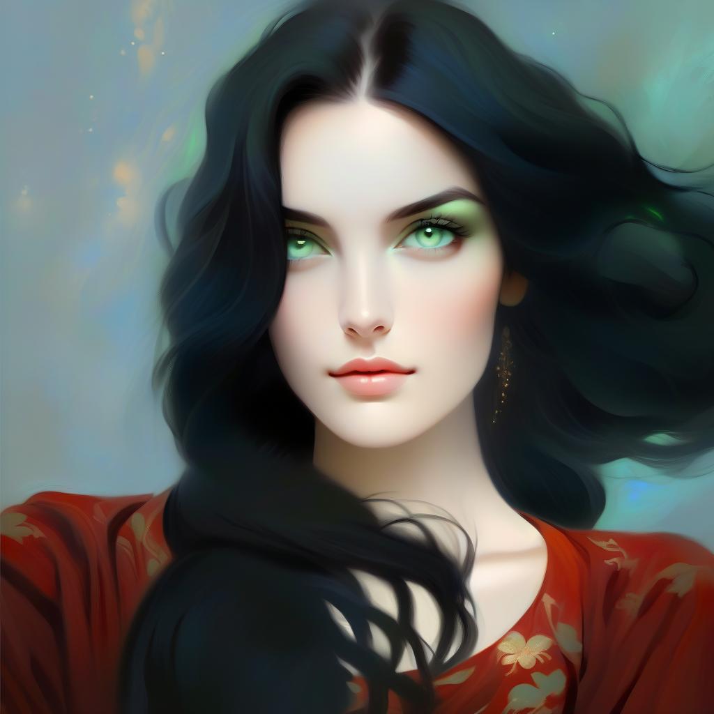  ethereal fantasy concept art of young woman. beautiful. long black hair. pale green eyes. fantasy . magnificent, celestial, ethereal, painterly, epic, majestic, magical, fantasy art, cover art, dreamy, hkmagic, oil painting