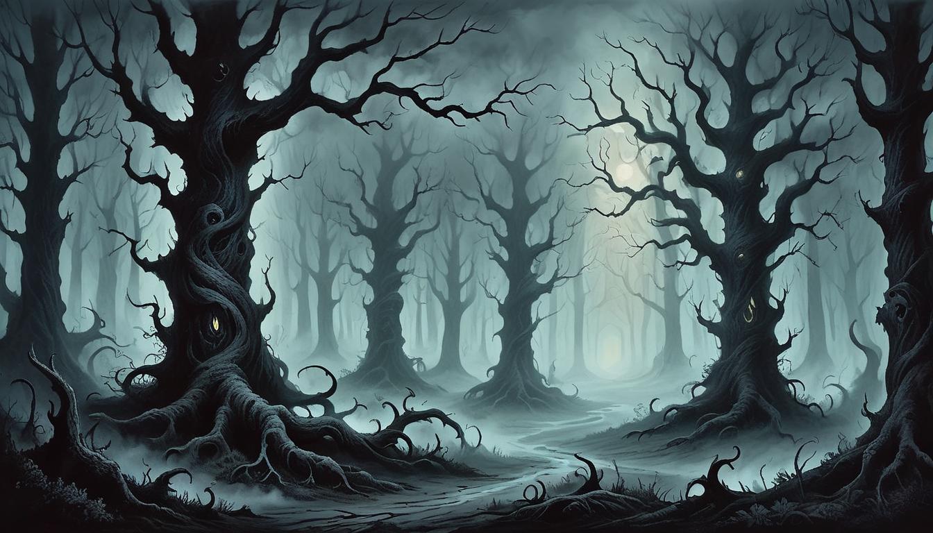  on parchment, surrealism+++, a dark, foreboding forest, trees twisted and gnarled, dense fog shrouding the ground, glowing eyes among the shadows, vigilant, alert(mysterious, provocative, symbolic,muted color)+++