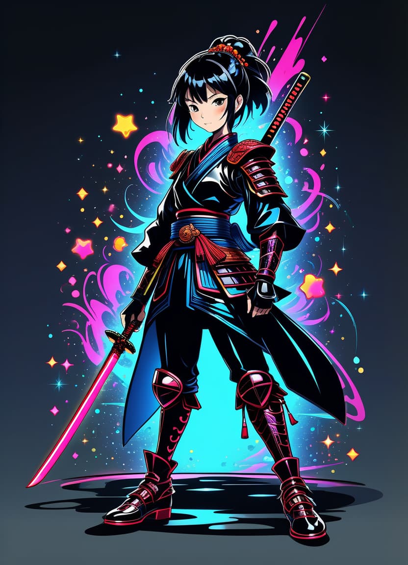  a humorous illustration. bright colors, cartoon style. on the black background, shiny contours outlines of silhouette of a japanese samurai girl in black samurai armor, in full length, in patent leather black shoes, made of blue star and red comet, frame with intricate thin ornamentation from comet, stars and cosmic dust: (thin: 1,4) lines ,