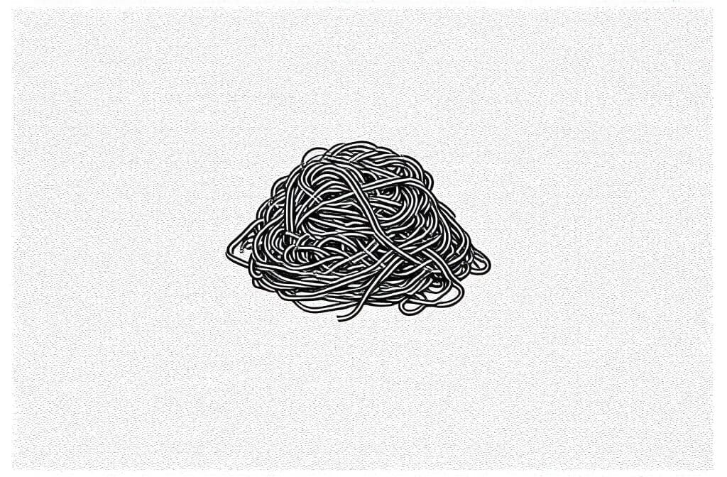  contour, very simple image in one unbroken black ink line, single line of noodles, engraving illustration, icon isolated on white background ar 3:2 using a single continuous black line ink brushon white background, drawing should be created without lifting the pen, recognizable features of noodles, engraving illustration, icon isolated on white background ar 3:2 in one unbroken line