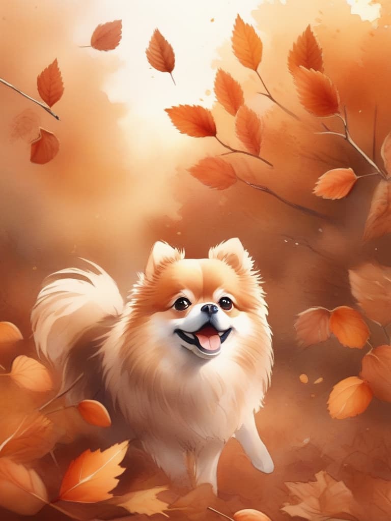  watercolor style,((one)) orange,cute pomeranian,chestnut field,chestnut,chestnut dead leaves falling,masterpiece,high quality,8k