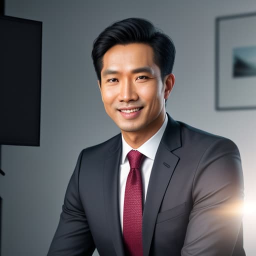  realistic photo of an Indonesian male news presenter, sitting, smiling facing the front explaining something, wearing a professional suit, behind him written “OK NEWS, in a modern concept news recording studio, perfect lighting, looks professional, close up, 4K HD hyperrealistic, full body, detailed clothing, highly detailed, cinematic lighting, stunningly beautiful, intricate, sharp focus, f/1. 8, 85mm, (centered image composition), (professionally color graded), ((bright soft diffused light)), volumetric fog, trending on instagram, trending on tumblr, HDR 4K, 8K