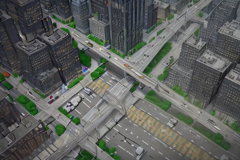  Create a blank road map of Gotham City with: - Roads, highways, and alleys - Empty spaces for buildings and landmarks - Basic road features like streetlights and crosswalks Leave the building spaces blank for customization.