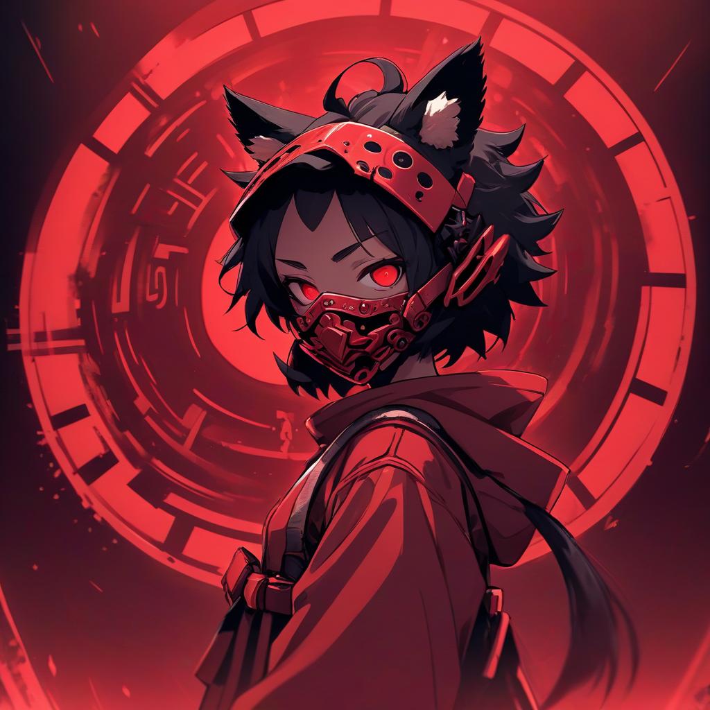  a person standing in front of a red light, ufotable studio art style, red color bleed, the mask is broken, dark image, nezha : birth of the demon child, samurai with afro, ign, nightcore, promotional art, racoon, enter night, necro, blame, him