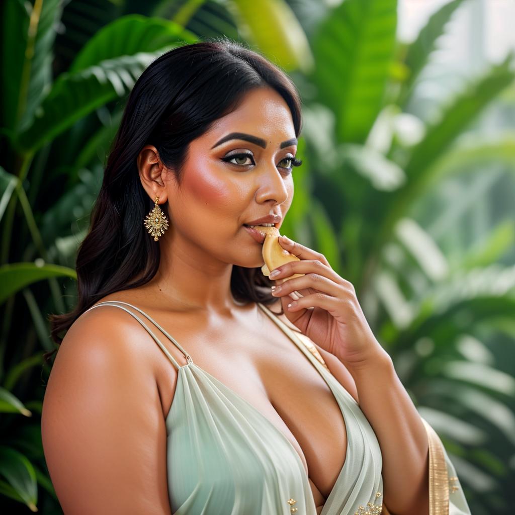  A Huge chubby Woman Eating  Banana in, Saree and pallu, Clean face, Banana Trees, No saturation, low vibrant, portrait hyperrealistic, full body, detailed clothing, highly detailed, cinematic lighting, stunningly beautiful, intricate, sharp focus, f/1. 8, 85mm, (centered image composition), (professionally color graded), ((bright soft diffused light)), volumetric fog, trending on instagram, trending on tumblr, HDR 4K, 8K
