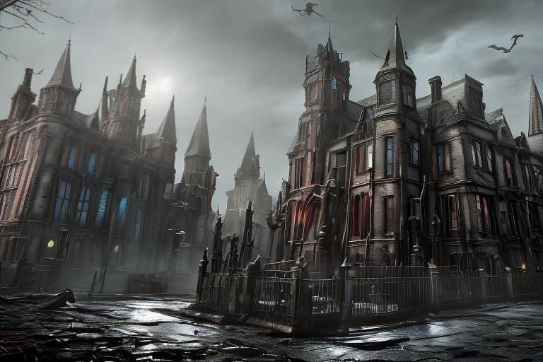 redshift style Arkham Asylum* Create a street view image of Arkham Asylum's entrance, showcasing its imposing gothic architecture, iron gates, and eerie atmosphere.