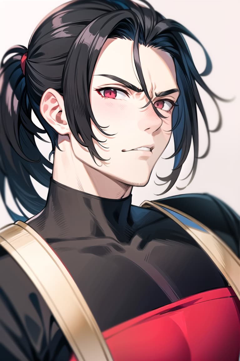  master piece , best quality,image/the character "felix" from the game fire emblem three houses.he is man. his hairstyle is a short black ponytail. he has red, slanted eyes. he has a furrowed brow, which makes him look a bit intimidating. he has his hair tied up high. he has wrinkles under his eyes.