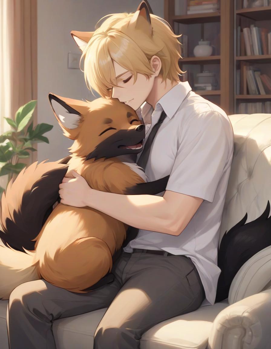  a girl man with foxy black ears and a black fox tail and brown hair to the shoulder blades in a white shirt hugs a guy with blond hair and brown leafy ears and a brown fox tail while in the living room on the sofa