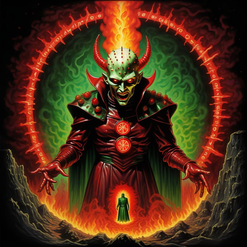  retro game art demon hellraiser alien in a mantle flowing red mucus in wounds and white smoke red rings of light green yellow fire in the darkness of horror . 16 bit, vibrant colors, pixelated, nostalgic, charming, fun