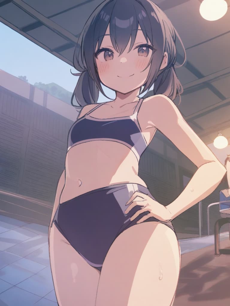  women's elementary students (male), twin tails, cute smiles, (rich s), low stature, dark blue swimwear, old swimwear, , simple, swelling, (upward), male , , clear , front , whole body, pool side,