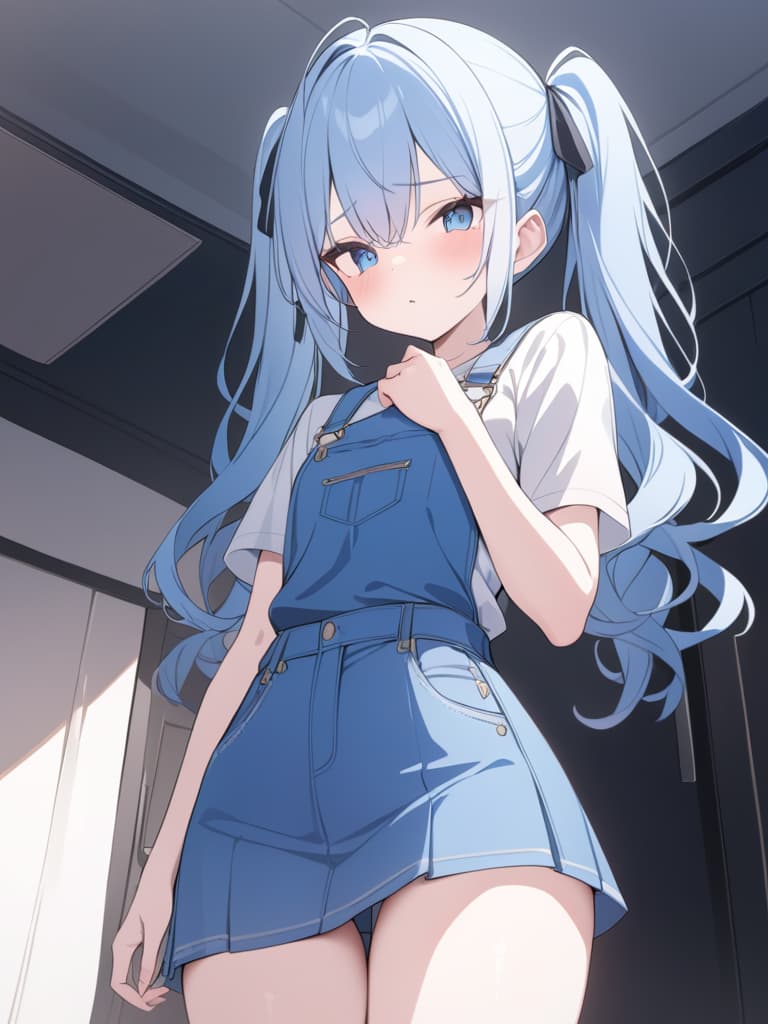  light blue hair, blue eyes, twin tails, girls, cute, overall, up, mini skirts, shy, masterpiece, best quality,8k,ultra detailed,high resolution,an extremely delicate and beautiful,hyper detail