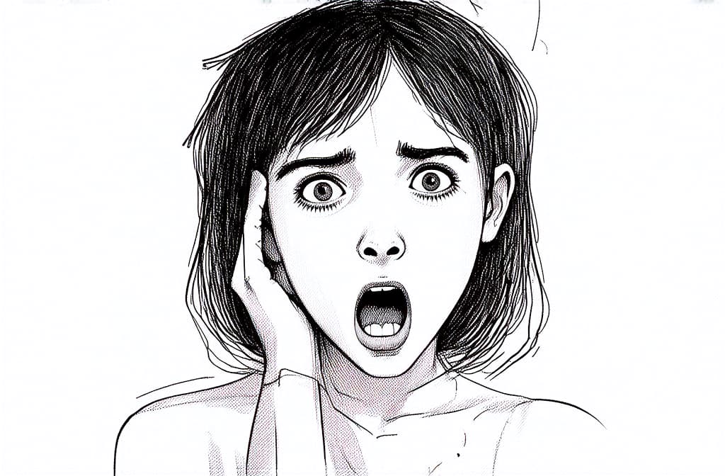  contour, very simple image in one unbroken black ink line, single line of young shocked and holding her head. mindlown expression ar 3:2 using a single continuous black line ink brushon white background, drawing should be created without lifting the pen, recognizable features of young shocked and holding her head. mindlown expression ar 3:2 in one unbroken line