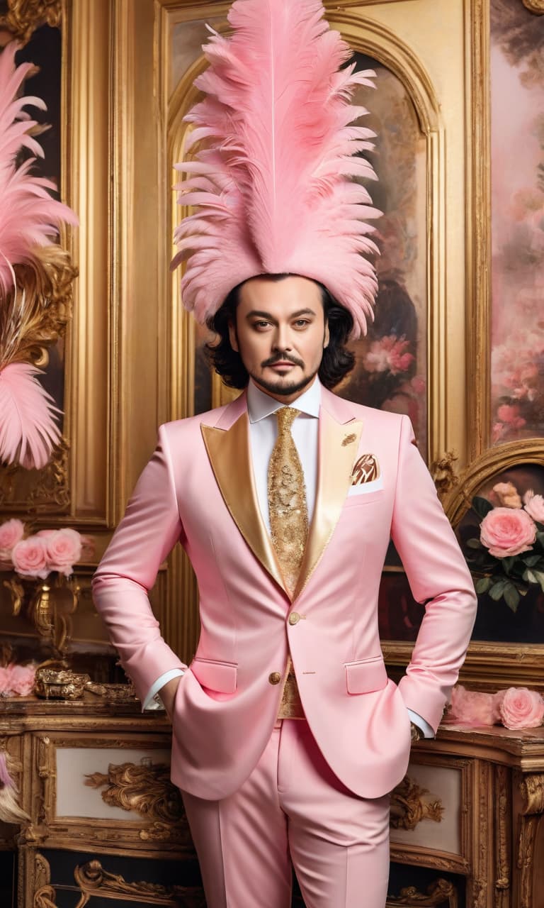  concept art color pink, white, black, gold posh room philip kirkorov in a gold suit of flats and feathers . digital artwork, illustrative, painterly, matte painting, highly detailed, perfect hands