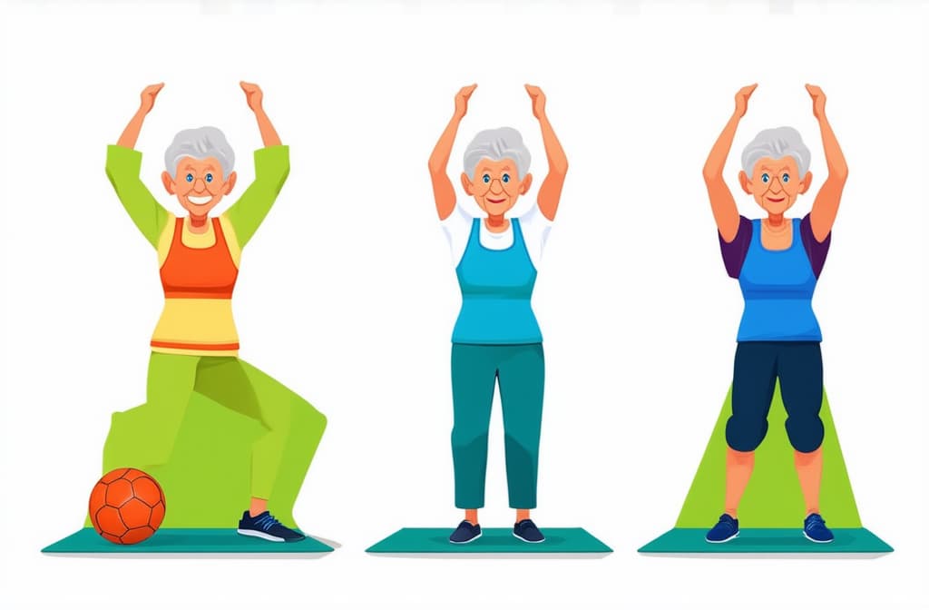  elderly people cartoon characters doing sports, practicing yoga, enjoying aerobics and gymnastics. flat illustration ar 3:2 {prompt}, maximum details