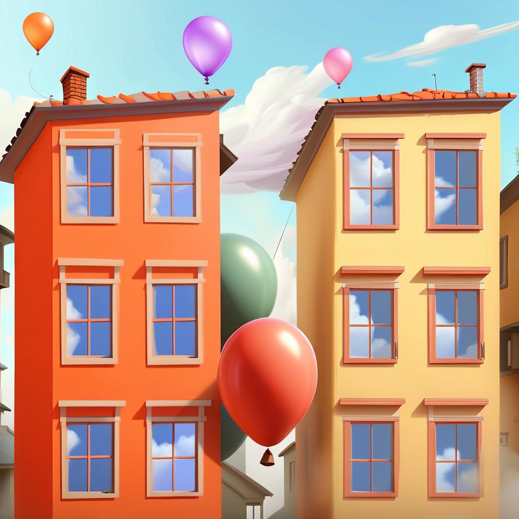  concept art balloon flying through two houses . digital artwork, illustrative, painterly, matte painting, highly detailed