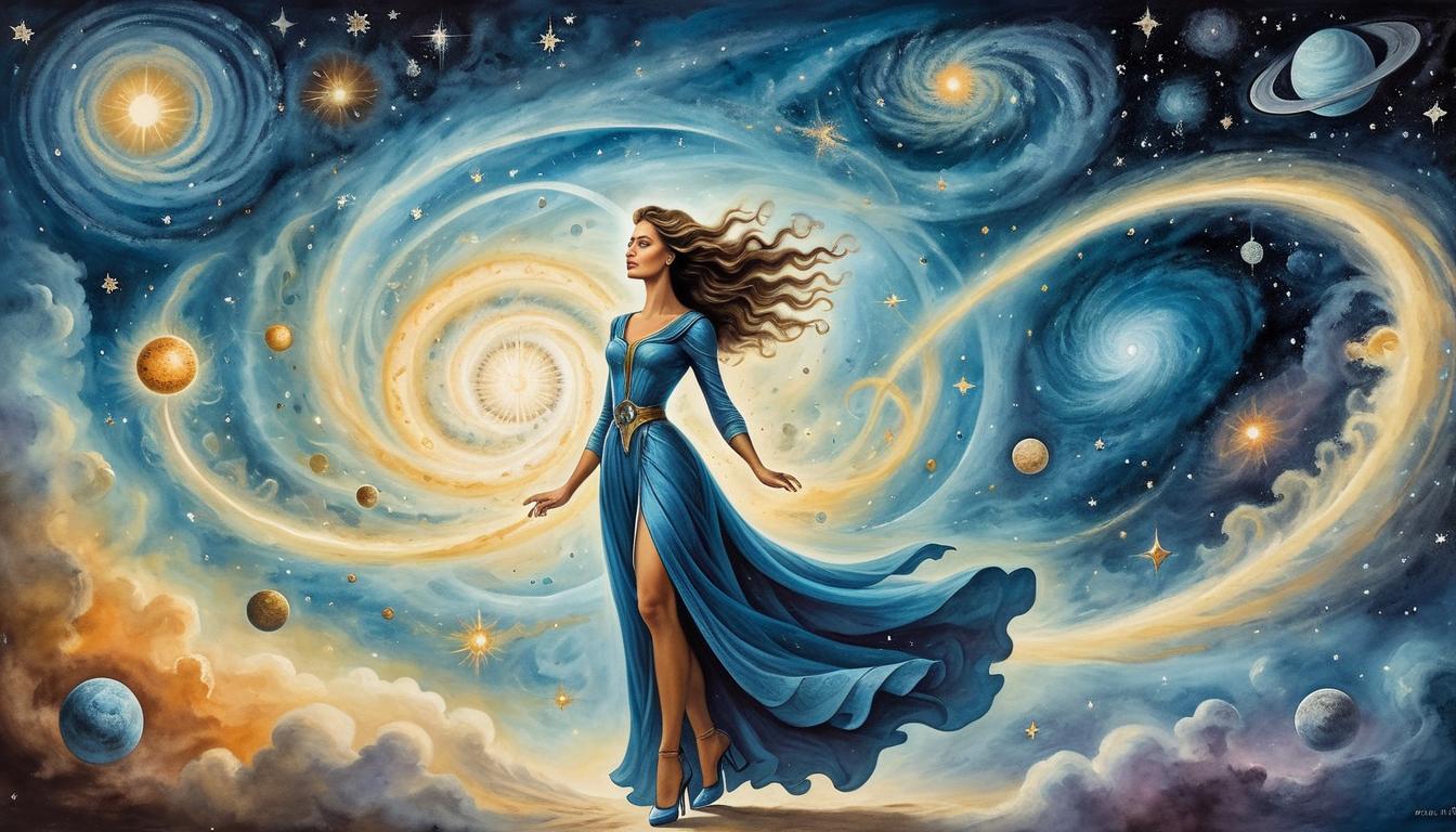  on parchment, surrealism+++, a radiant, powerful female figure standing on a cosmic plane, universe in motion behind her, stars and galaxies swirling, awe inspiring, commanding attention(mysterious, provocative, symbolic,muted color)+++