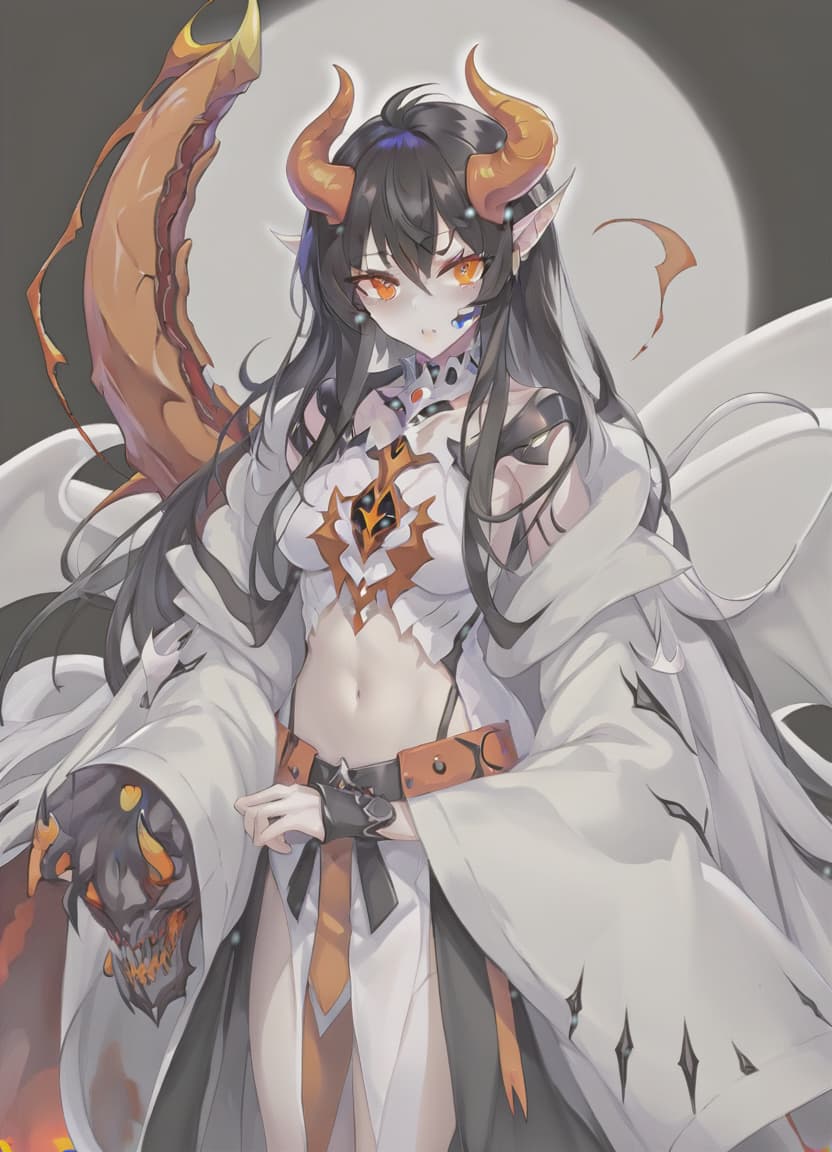  anime artwork demon woman, white skin. orange eyes, black hair, white horns, black clothes . anime style, key visual, vibrant, studio anime, highly detailed, sticker