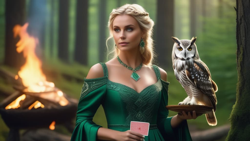  Blonde shaman in a beautiful green dress with cards in her hand and an owl on her shoulder, against the backdrop of a forest and a fire ar 16:9 high quality, detailed intricate insanely detailed, flattering light, RAW photo, photography, photorealistic, ultra detailed, depth of field, 8k resolution , detailed background, f1.4, sharpened focus
