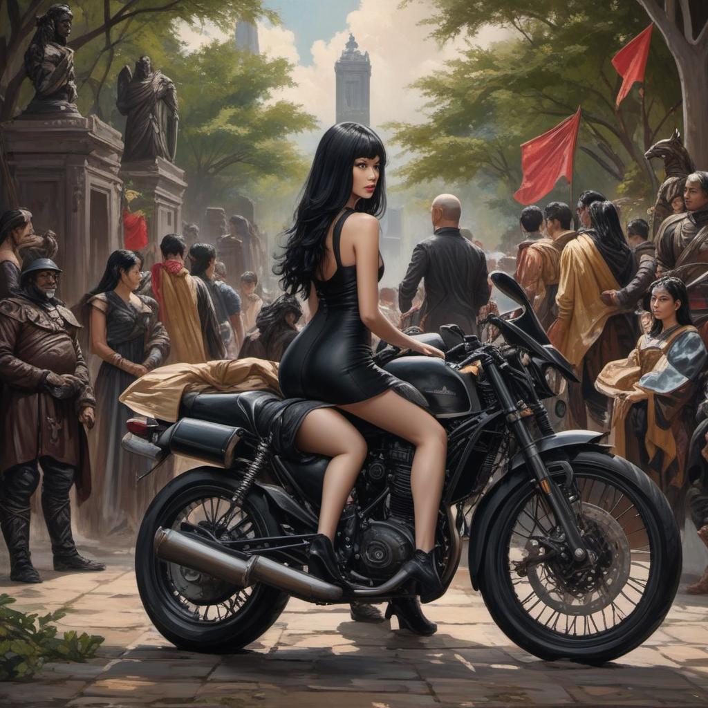  bold, no hair man sitting on a black motorcycle. women with black hair very long, straight,a black dress with statues standing next to him. back view, painting style