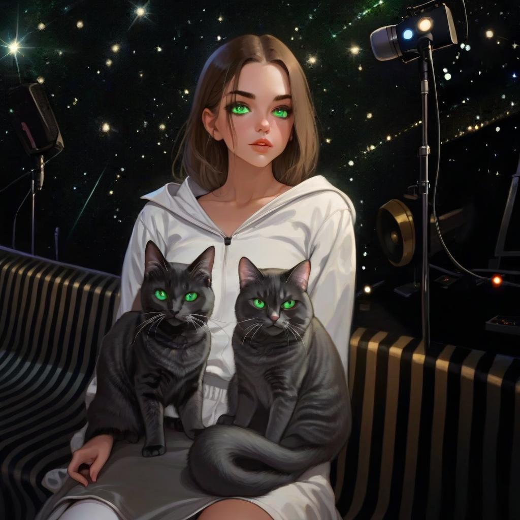  girl with dark green eyes, two cats, space, spotlights, stage, microphone, music, royal grace