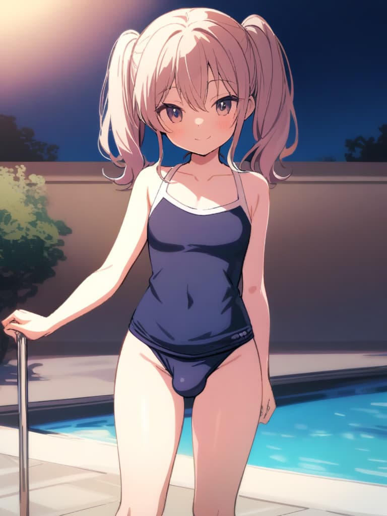  women's elementary students (male), twin tails, cute smiles, (rich s), low stature, dark blue swimwear, old swimwear, , simple (upward), male , (bulge), shaped clear , front , whole body, pool side,