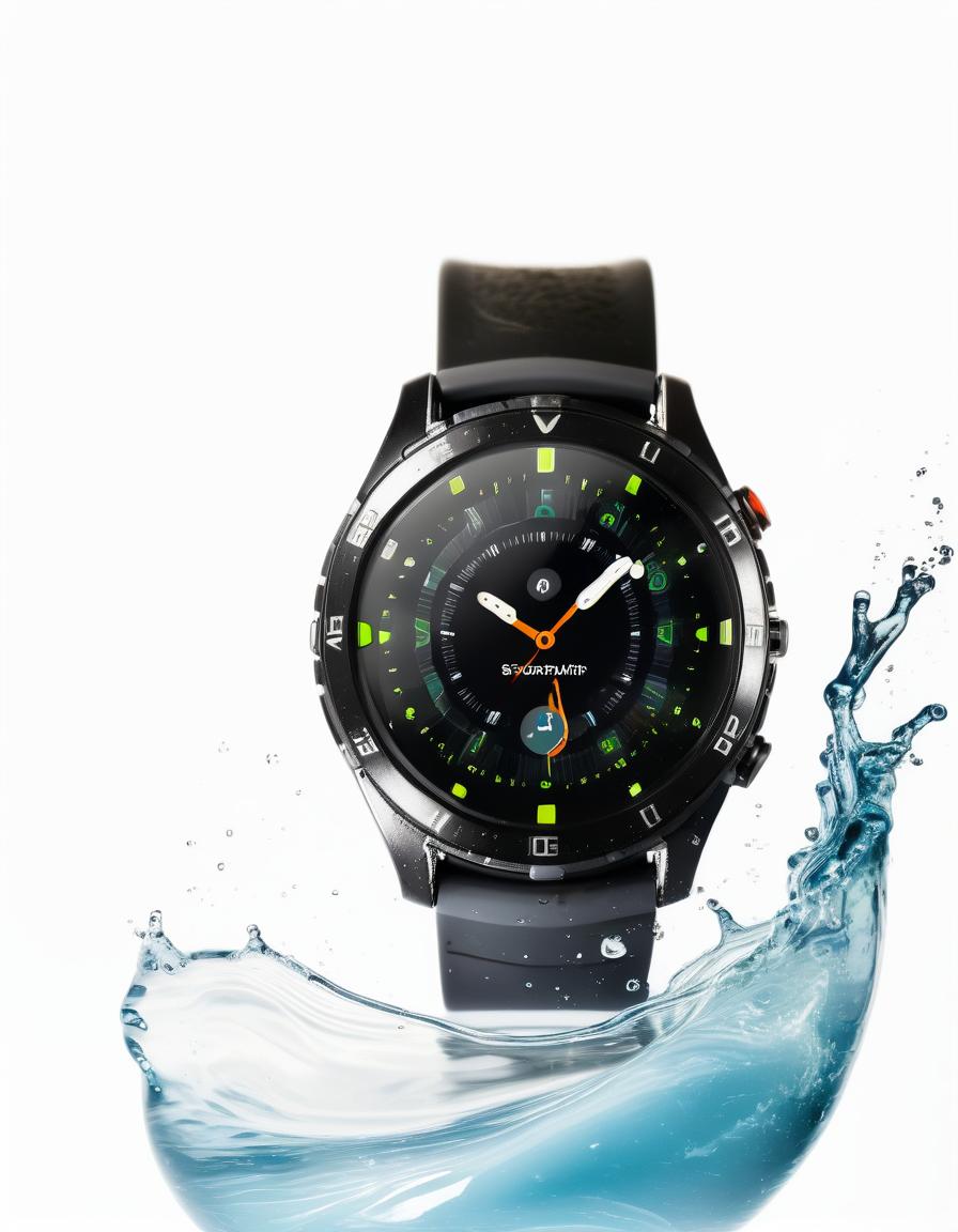  smart watch on a stone on a white background, around a splash of water, film photography style