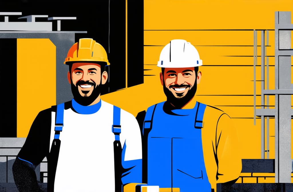  flat illustration, flaticon, (illustration:1.15), smiling builder men working in building construction, looking at camera ar 3:2, [cory loftis, strobist, pascal campion :: 0.2]