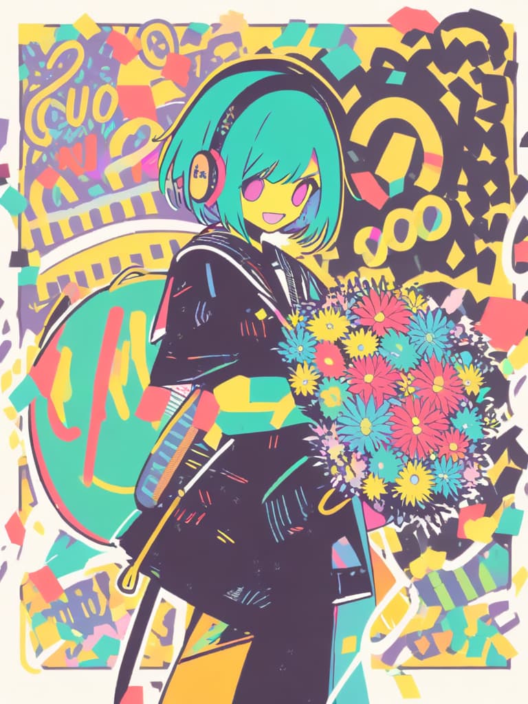  a girl with short green hair is laughing and crying loudly while holding a colorful bouquet of flowers,wearing headphones,and wearing a black sailor uniform with a red ribbon,with the number (((3000:1.8))) and the words ((("thank you":1.8))) displayed in large letters,grunge splats,flat color