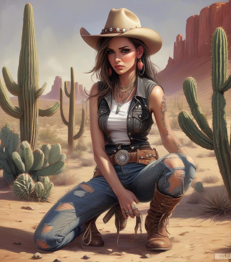  grunge style arafed woman in cowboy outfit kneeling in desert with cactus, female cowgirl, by mort künstler, by magali villeneuve, by pamela ascherson, highly detailed digital painting, cowgirl, western art, in stunning digital paint, western cowgirl, realistic digital painting, smiling woman, photorealistic digital painting, ultradetailed digital painting . textured, distressed, vintage, edgy, punk rock vibe, dirty, noisy