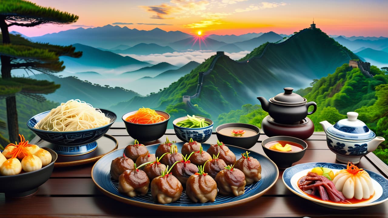  @ image prompt: a vibrant collage showcasing the cultural heritage of china, featuring traditional calligraphy, iconic dishes like peking duck and dumplings, breathtaking landscapes such as the yangtze river and mount huangshan, and historical landmarks like the great wall, all blended together in a harmonious representation of china's significance in the world. hyperrealistic, full body, detailed clothing, highly detailed, cinematic lighting, stunningly beautiful, intricate, sharp focus, f/1. 8, 85mm, (centered image composition), (professionally color graded), ((bright soft diffused light)), volumetric fog, trending on instagram, trending on tumblr, HDR 4K, 8K