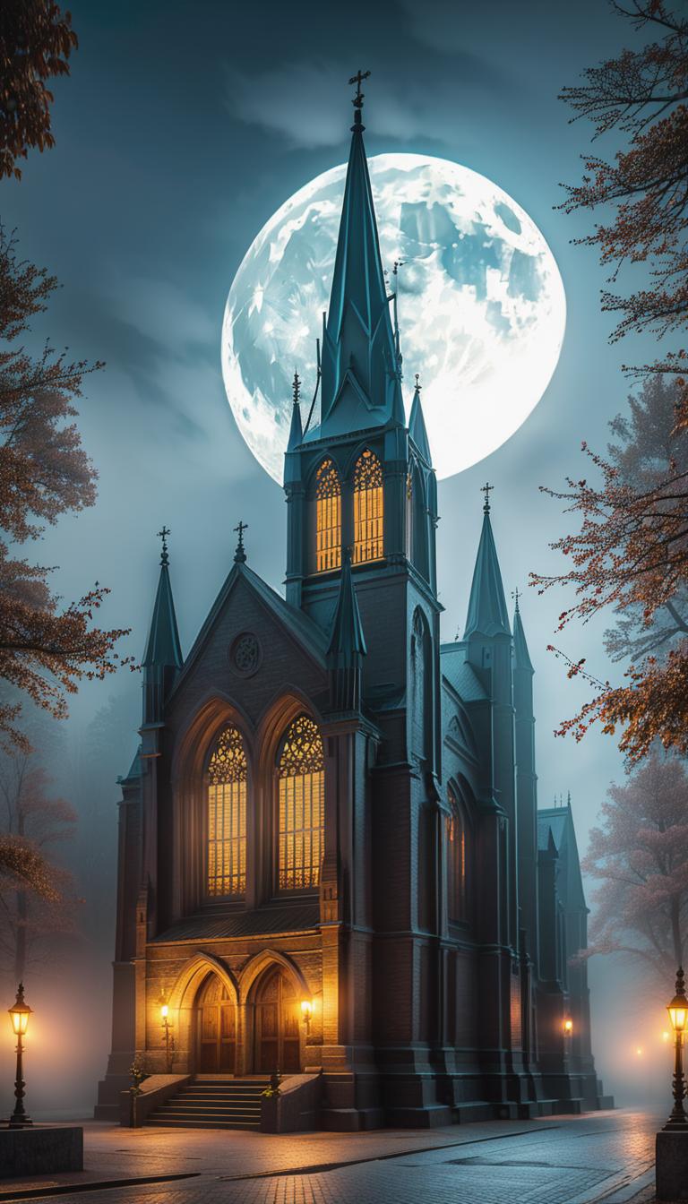  gothic style depiction of a grand cathedral under a full moon. dark, mysterious, haunting, dramatic, ornate, detailed. . dark, mysterious, haunting, dramatic, ornate, detailed, hyperrealistic, full body, detailed clothing, highly detailed, cinematic lighting, stunningly beautiful, intricate, sharp focus, f/1. 8, 85mm, (centered image composition), (professionally color graded), ((bright soft diffused light)), volumetric fog, trending on instagram, trending on tumblr, HDR 4K, 8K