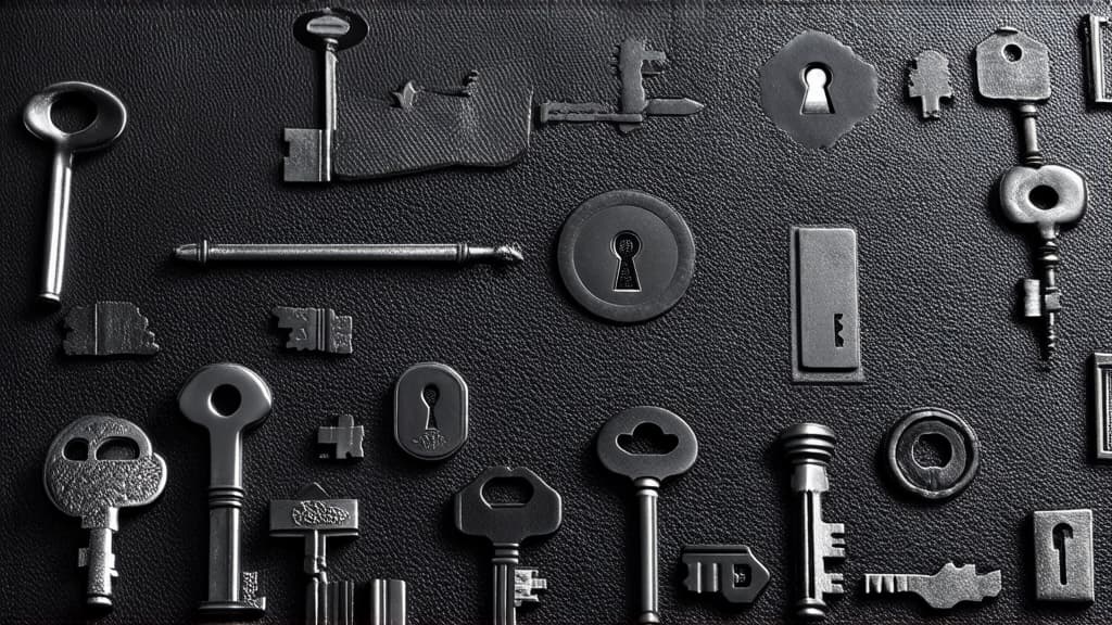  a composition where various keys or keyholes symbolize access to deep layers of the psyche. keys can be depicted in different positions, sizes and materials, creating a sense of mystery and the unknown. style: monochrome, with an emphasis on textures and geometric shapes. shooting parameters: resolution: 3000x3000 pixels format: jpeg lens: macro, with the ability to shoot close up aperture: f/5.6 shutter speed: 1/60 sec iso: 400 lighting: contrasting, with the use of shadow effects ar 16:9 {prompt}, maximum details