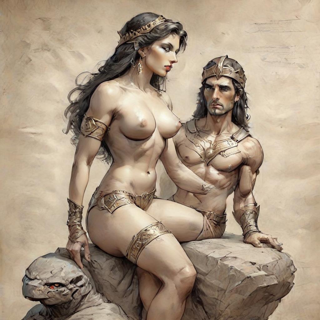  hyperrealistic art picture, professional, hyperrealistic drawing in the style of boris vallejo, julia bell, masterpiece, work of art; sitting on a stone ancient greek amazon in armor, muscular abdominal press, gracefully curved back, convex, elastic buttocks, muscular shins. mysticism, fantasy, atmospheric, filigree, ideal detailing of the image, the highest quality, many details, fine drawing, attention to detail. professional drawing in the style of boris vallejo, julia bell, masterpiece, work of art . extremely high resolution details, photographic, realism pushed to extreme, fine texture, incredibly lifelike, on parchment, oil painting