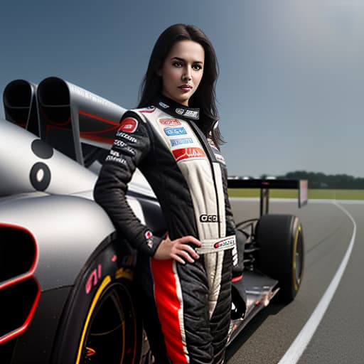  a full length girl. she has dark hair and brown eyes. she's wearing a formula 1 racesuit. team mclaren. behind her is a formula 1 racing car, character, full body, concept design, sheet, ultra wide view, ultra detailed