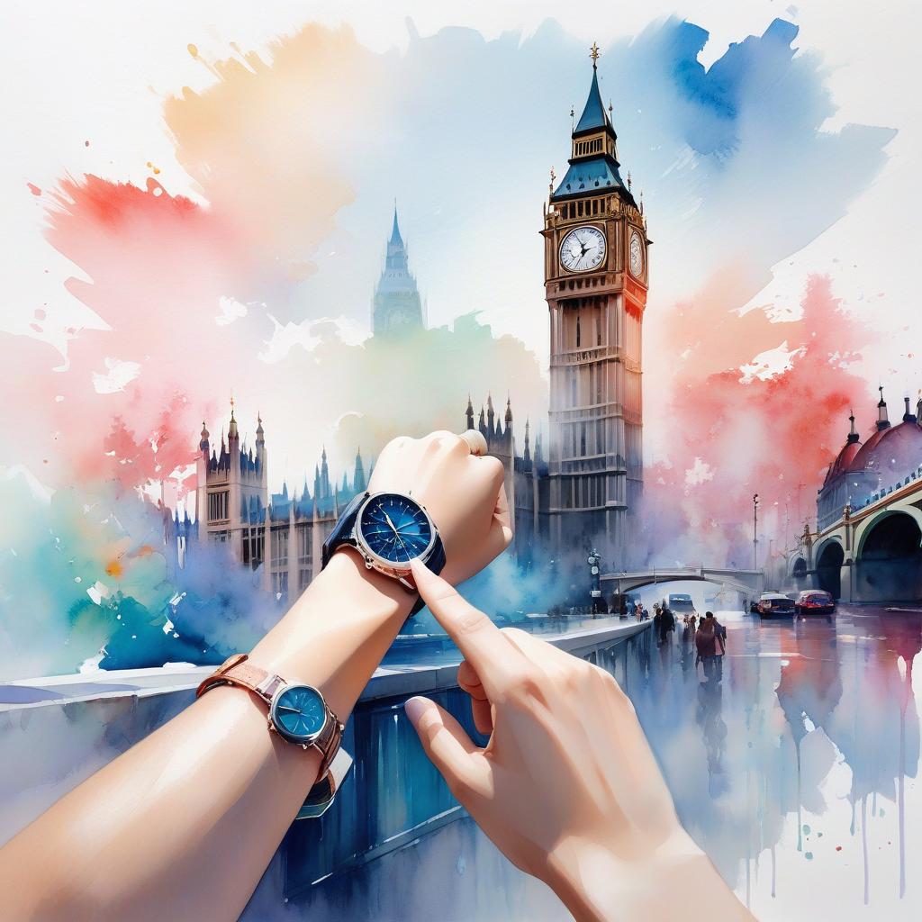  watercolor painting,instaport style, portrait of the scene is set at big ben with a guy checking his digital watch/ apple watch to check the time in the near distance you see others also checking their phones instead of just looking up at big ben it’s ironic because big ben is a huge clock. make it from the point of view of someone looking down at their watch [multi color watercolors with a white background], haze, film photography, light ethereal leaks, sharp focus, intricate highly detailed acrylic painting, palette knife and brush strokes, trending on artstation, trending on pixiv fanbox