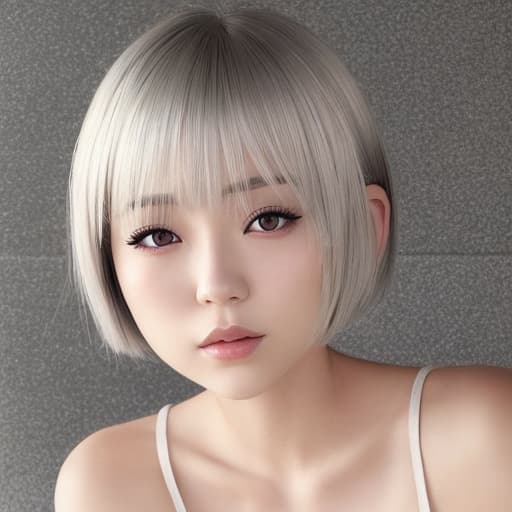  cute japanese girl face, cute short hair, light blonde and silver bob cut hairstyle, black sleeveless top, delicate makeup, cool style, natural lighting, photo realistic in the style of realistic.