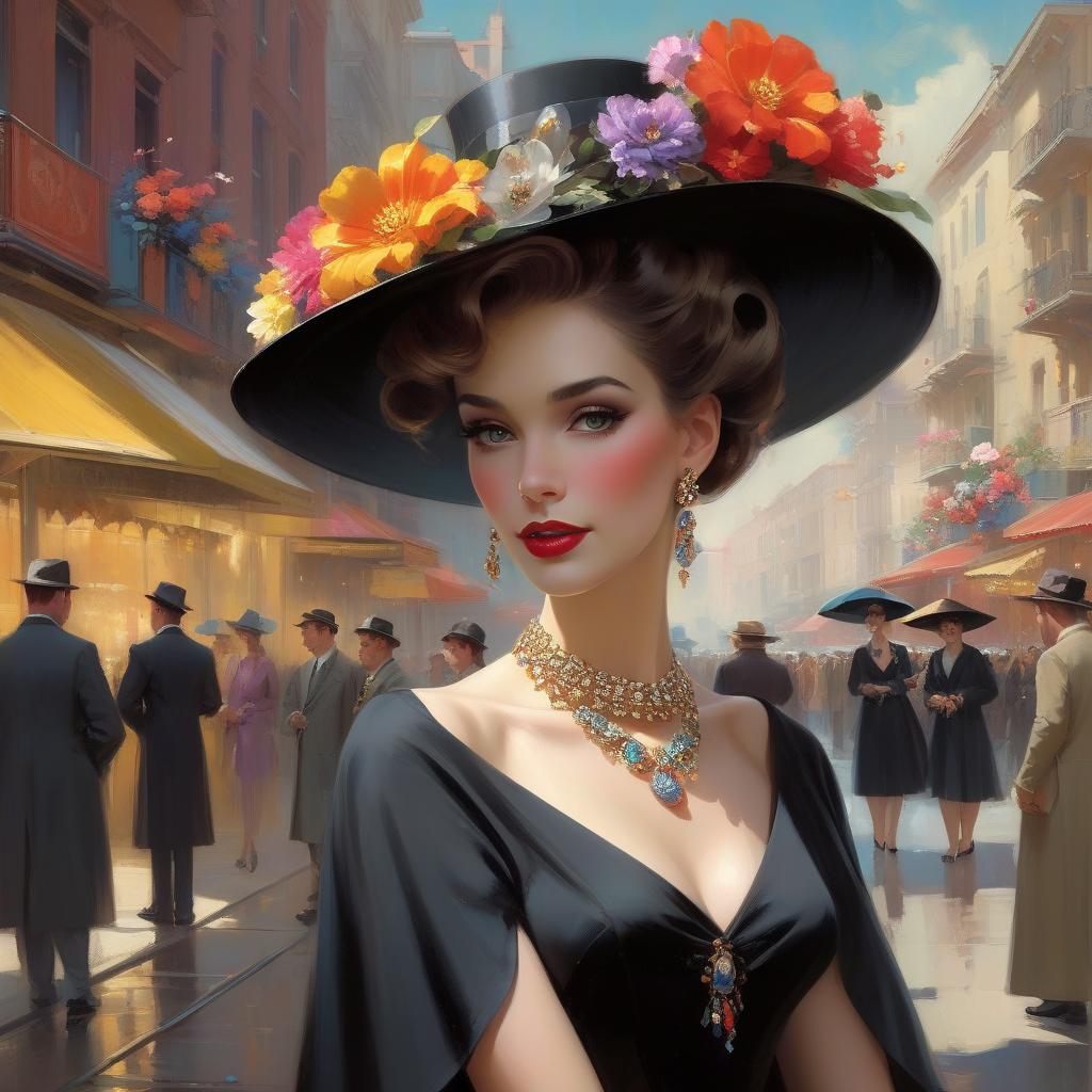  a glamorous woman in vintage attire stands in a lively street scene, showcasing a black dress adorned with intricate jewelry, complemented by a striking hat and vibrant flowers in her hair. happy beautiful woman in interesting clothing. elegant. surreal.by pino daeni, tom bagshaw, pino daeni, karol bak, michael whelan