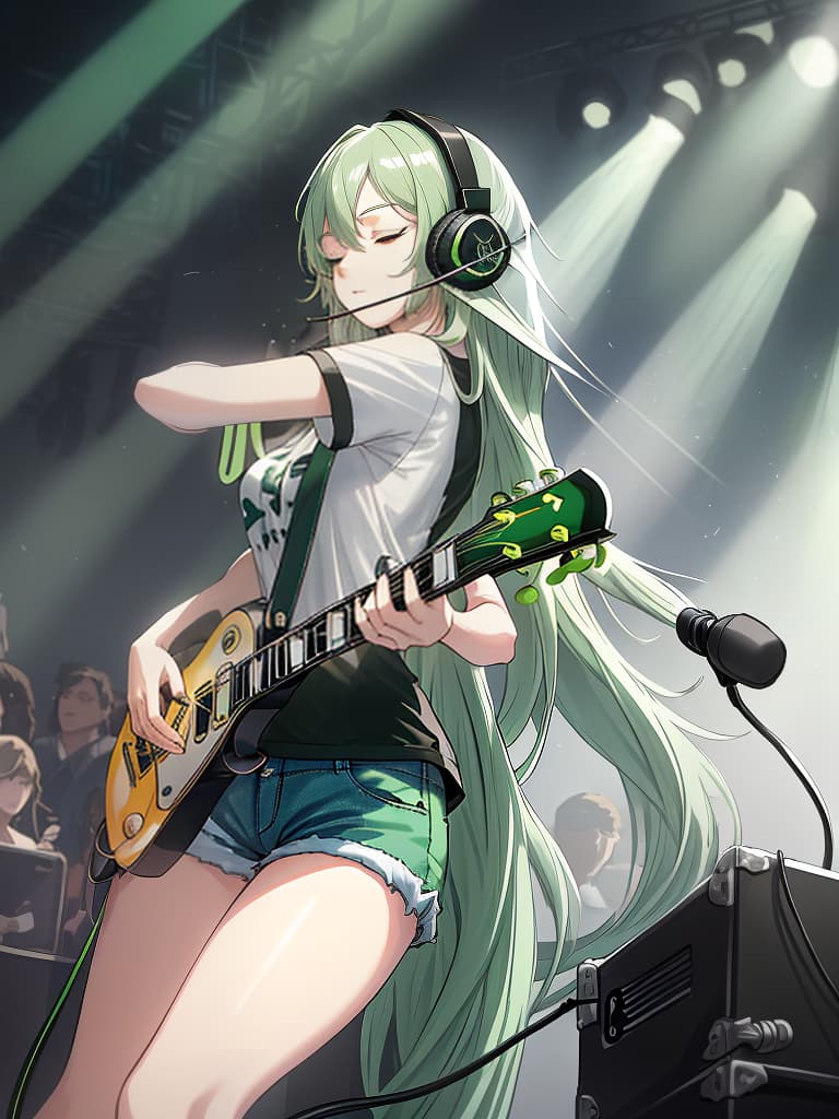  (white background:1.3),(extremely detailed fine touch:1.3),(hard light,studio light,light rays,dappled light,reflection,shadows,ray tracing:1.0),///,,(((green very long hair:1.3))),headphone,forehead,having a bird's eye view,anime style,super fine ilration,highly detailed,dynamic angle,beautiful detailed,8k,on stage break a woman,(((headphone:1.3))),on both ,strumming an electric guitar. she arches her back,closes her eyes and looks joyful. break a spotlight shines on her,(t shirt:1.3),(denim shorts:1.3),(black les paul custom:1.3)