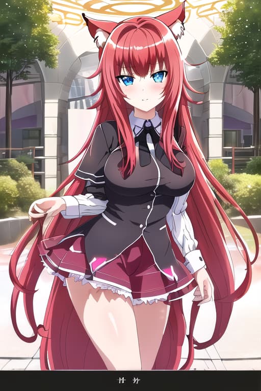  showing pink striped under the ,masterpiece, best quality, 1women, long red hair, looking at viewer, :3, cute, black uniform, outdoors, streets, cow shot, curvy, (((blue eyes))), rias gremory, red hair, antenna hair, wavy hair, ((beautiful detailed eyes, beautiful detailed glow, lots of glow)), anime screencap,cat women, nekopara, neko, fantastically detailed reflecting eyes, masterpiece, best quality, high quality, solo