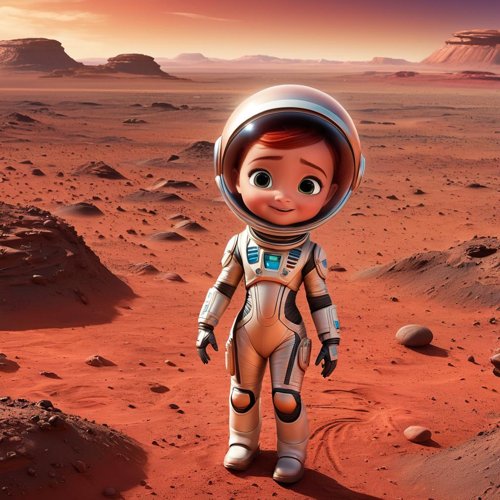  in 3d animated movie style. disney pixar style. lily, , a curious and adventurous young , martians of varied ages depicted in shimmering metallic suits. lily's spaceship gently lands on the dusty red surface of mars, kicking up clouds of fine soil, colorful martians emerge, waving tentacle like arms in greeting. high resolution pixar 3d animated film style, detailed rendering for textures. main colors include dusty red for mars, vint colors for martians' suits, soft warm lighting for a welcoming atmosphere. bird's eye view showcasing spaceship landing, lily stepping out cautiously, martians warmly greeting with waving arms.