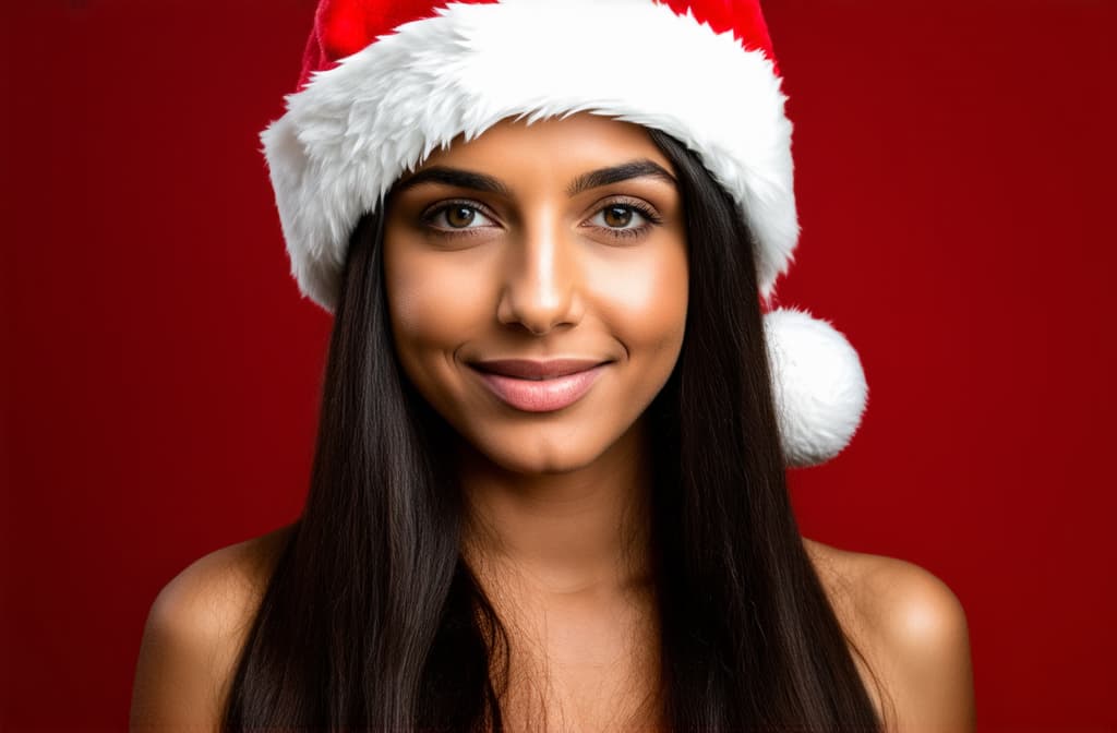  portrait of a beautiful young with dark long hair in gles in a santa hat on a red background, , on the right there is free space for text ar 3:2, (natural skin texture), highly detailed face, depth of field, hyperrealism, soft light, muted colors