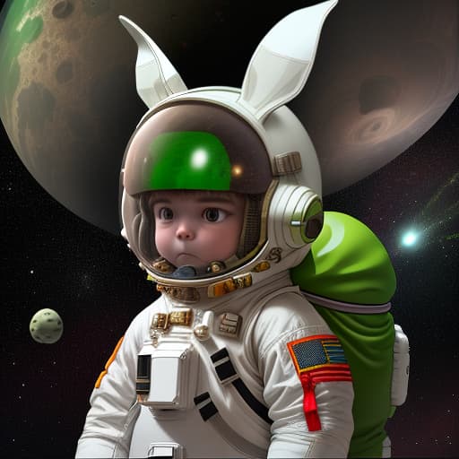  a child in a space suit, on an ear helmet like a hare, stands on an unknown planet next to green men, and asteroids fly around him, a helmet with hare ears on his head, the child's face is clearly visible