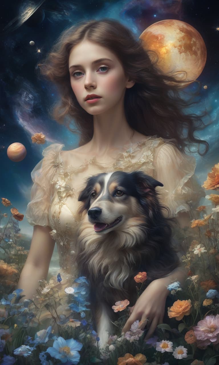  space themed digital art (double exposition: 1.3) girl with a dog border collie friends, around flowers, grass, blue sea. the girl looks directly at the camera. long brown hair, brown eyes, dressed in a beautiful dress. the effect of magic, mysticism, fairy tales, surrounded by fantasy art, arabesque, glitter, surge of fantasy, unearthly light effects, an exciting palette of colors, extremely detailed, in high resolution 10k. surrealism, realism, fantasy, baroque, renaissance. imagination and skill. in the manner of julia dillon, van gogh, salvador dali, mickey asai, alphonse mucha, robert bateman, thomas kincaid, fragonard. . cosmic, celestial, stars, galaxies, nebulas, planets, science fiction, highly detailed